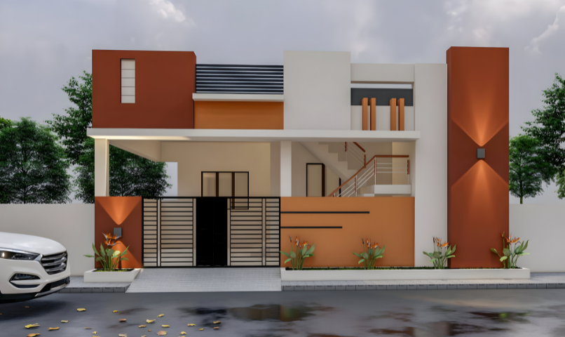 An elevation view of an individual east-facing 2BHK villa by the Ila Foundation in Mettupalayam with modern amenities