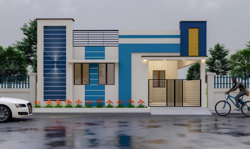 An elevation view of an individual east-facing 2BHK villa by the Ila Foundation in Mettupalayam with modern amenities