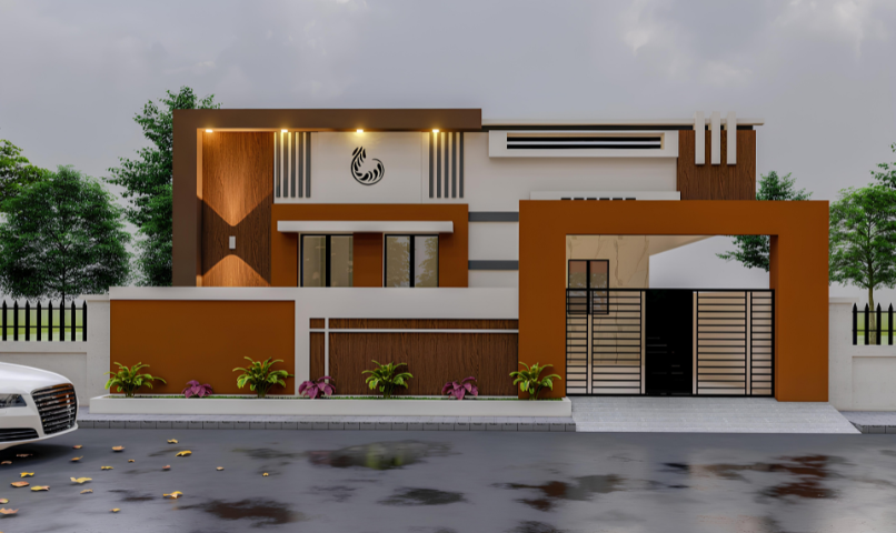 An elevation view of an individual east-facing 2BHK villa by the Ila Foundation in Mettupalayam with modern amenities