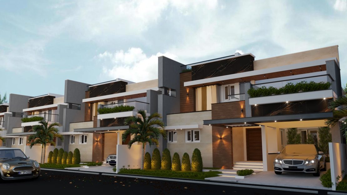 ultra luxury gated community modern villas elevation road view 3d design