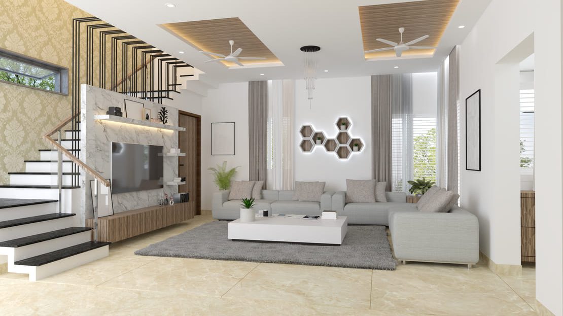 modern villas interior design with steps inside 3d view